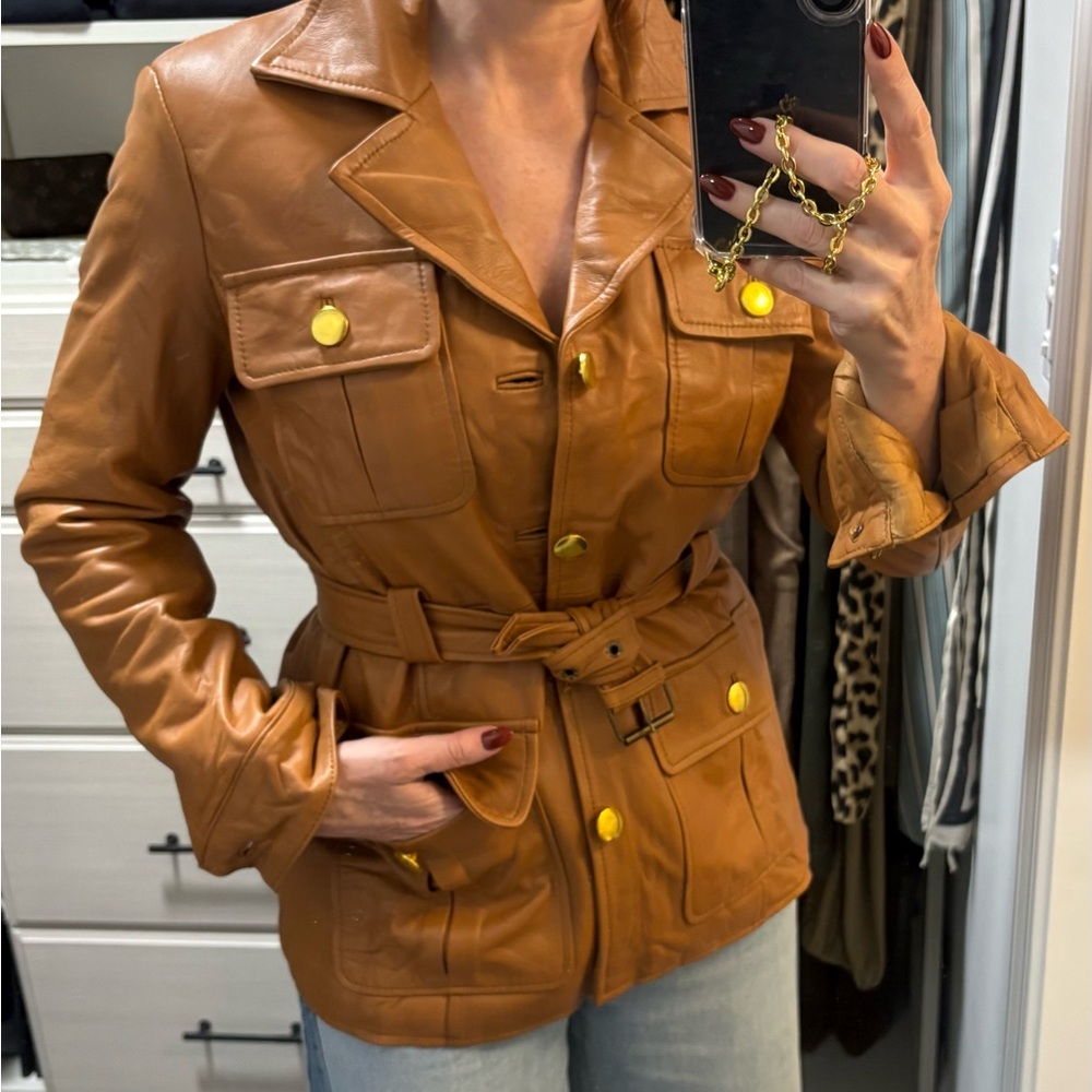 NWOT Women's Cognac Brown 100% Leather Jacket with Belt, Medium/6